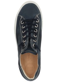 Navy blue leather sneaker with white stitching and eyelets. Features a round toe and lace-up design. Interior includes a brown insole.