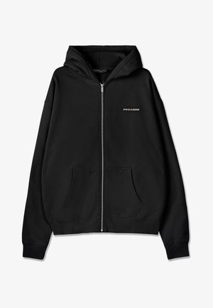 Čierna mikina na zips vyrobená z bavlny, s prednou vreckom, úzkymi manžetami a slovom "PEGADOR" vytlačeným v strieborné farbe na hrudi.