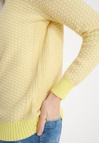 Personne portant un pull en maille texturée jaune avec la main dans la poche d'un jean bleu, visible de la moitié du torse au poignet.