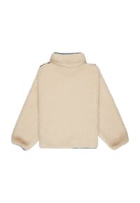 Beige fleece pullover with a high collar, wide sleeves, and a soft texture. Features contrasting blue hem and stitching details.