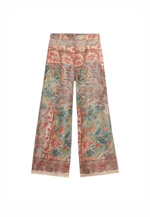 Weite Hosen mit einem floralen und Paisley-Muster in Rot, Blau und Beige. Hergestellt aus einem leichten Stoff mit aufwendigen Details.