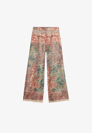 Wide-legged pants featuring a floral and paisley print in red, blue, and beige. Made of a lightweight fabric with intricate detailing.