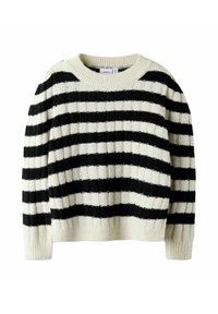 Pull en maille rayé noir et blanc avec texture côtelée, col rond et manches longues.