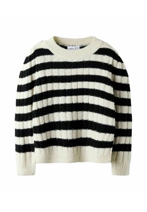 Pull en maille rayé noir et blanc avec texture côtelée, col rond et manches longues.