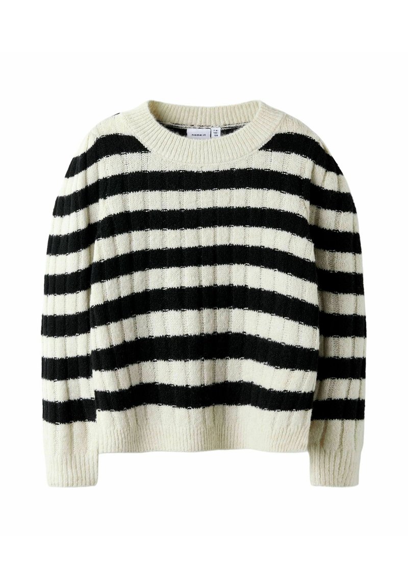 Pull en maille rayé noir et blanc avec texture côtelée, col rond et manches longues.