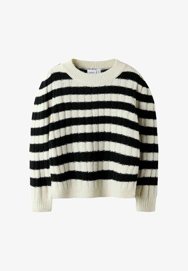 Schwarz-weißer gestreifter Strickpullover mit geripptem Muster, Rundhalsausschnitt und langen Ärmeln.