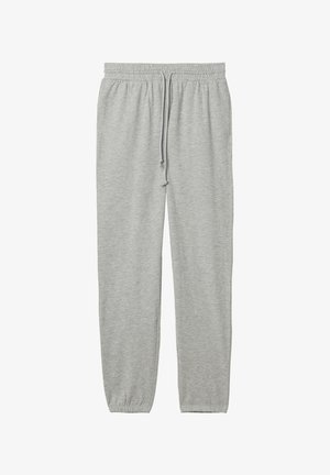 Pantalones de chándal de color gris claro, hechos de una suave mezcla de algodón. Cintura elástica con cordón, puños ajustados y sin bolsillos. Textura suave y diseño sencillo.
