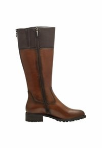Brown leather knee-high boot with a contrasting dark brown upper, side zipper, square toe, and textured rubber sole for traction.