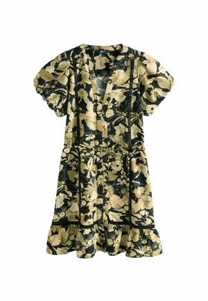 Short-sleeve floral dress with beige and black pattern, V-neck, waist tie, ruffled hem, and decorative vertical stitching.