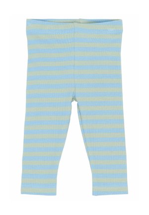 Niemowlęce leginsy w poziome niebieskie i beżowe paski, z prążkowaną fakturą i elastycznym pasem.