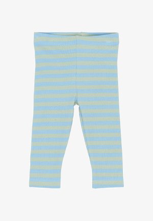 Beebide legginsid horisontaalsete siniste ja beeži triipudega, soonilise tekstuuriga ja elastse vöökohaga.