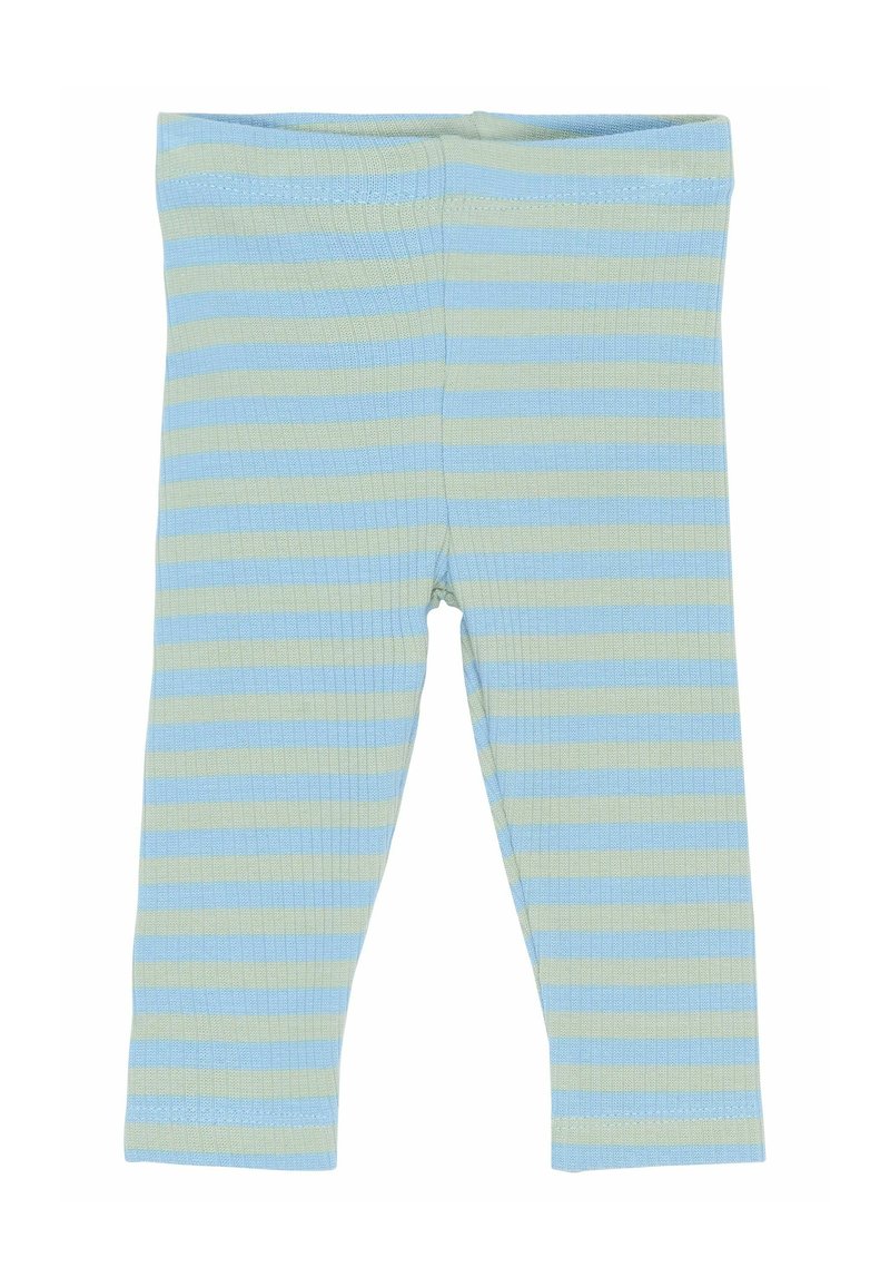 Kūdikių leginsai su horizontaliomis mėlynomis ir smėlio spalvos juostelėmis, raibota tekstūra ir elastinga juosmens juosta.