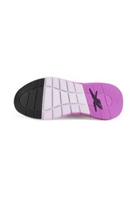 Sole de încălțăminte în cauciuc negru, alb și violet. Prezintă modele texturate, un design în grilă pentru aderență și un logo proeminent pe toc.