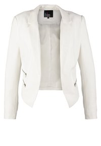 Veste blanche pour femme avec revers crantés, devant ouvert, manches longues et deux petites poches zippées sur les côtés avant.