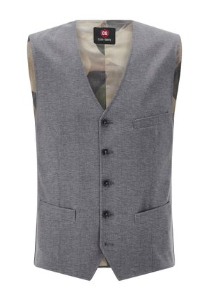 Gray, textured vest with a V-neck, front pockets, and five buttons. The interior features a camouflage pattern. No sleeves.