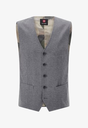 Gray, textured vest with a V-neck, front pockets, and five buttons. The interior features a camouflage pattern. No sleeves.