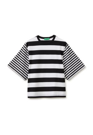 Black and white striped short-sleeve shirt with wide horizontal stripes on the body and narrower stripes on the sleeves.
