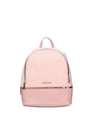 Petit sac à dos rose avec texture à motif, accents de fermeture éclair dorée et poignée supérieure, présenté sur fond blanc.