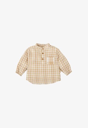 Camisa de manga larga con botones en un patrón de cuadros en beige y crema, con un pequeño bolsillo y puños elásticos, hecha de un tejido ligero.