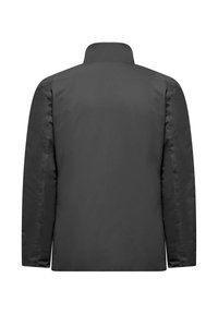 Giacca grigia, tessuto dalla texture liscia, taglio moderno, colletto alto, design della schiena senza cuciture, nessuna tasca visibile o dettagli hardware.
