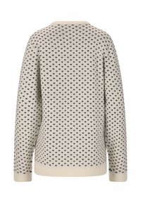 Strickpullover mit cremiger Basis und kleinem schwarzen Herzmuster. Hat einen Rundhalsausschnitt sowie gerippte Bündchen und Saum. Rückansicht gezeigt.