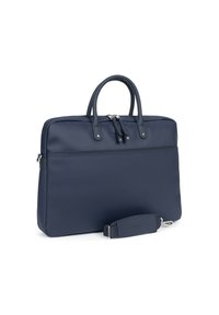 Donkerblauwe rechthoekige laptoptas van textiel met leren accenten, twee handgrepen en een afneembare schouderband. Ritsluiting aan de bovenkant.