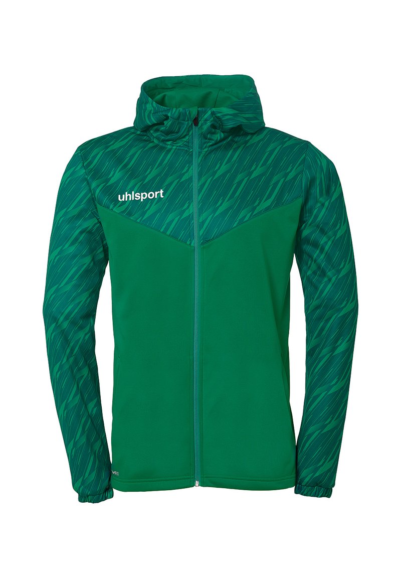 Grøn sportsjakke med en tekstureret hætte, der har en mønstret øverste sektion og en ensfarvet nederste sektion. Lynlås foran og logo på brystet.