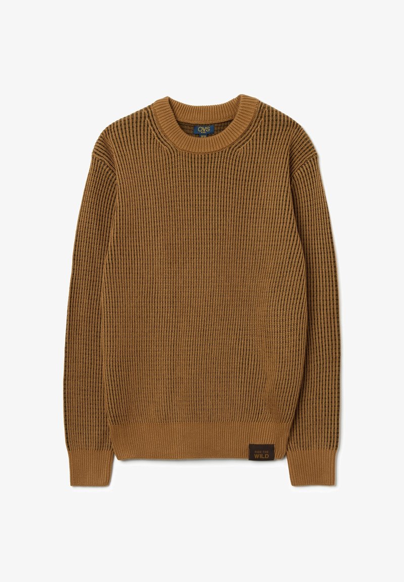Bruine geribbelde gebreide trui met lange mouwen en ronde hals, geribbelde manchetten en zoom, en een klein label "RIDE THE WILD" nabij de zoom.
