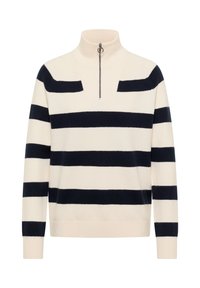 Pull-over à rayures horizontales crème et noir avec manches longues et col à demi-fermeture éclair orné d'un tire-zip rond.