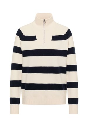 Kermanvärinen ja musta vaakasuora raitainen pusero, jossa on pitkät hihat ja puolivetoketjullinen kaulus, jossa on pyöreä vetoketjun vedin.