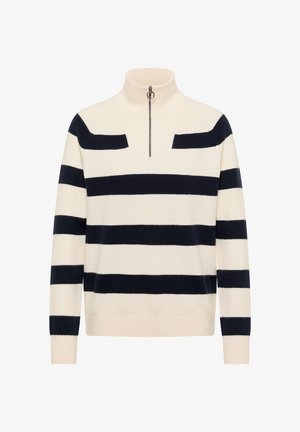 Pull-over à rayures horizontales crème et noir avec manches longues et col à demi-fermeture éclair orné d'un tire-zip rond.