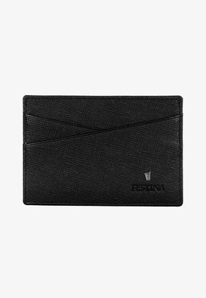 Čierny držiak na karty s textúrovaným povrchom, obsahujúci viacero priehradiek na karty a s akcentom loga. Úzky, obdĺžnikový dizajn, vyrobený zo syntetického materiálu.