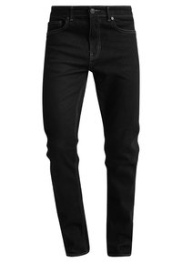 Černé džíny v slim fit, vyrobené z denimu s kontrastním bílým prošitím. Mají standardní pětikapsový design a kovové zapínání na knoflík.