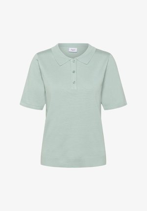 Jasnozielona koszulka polo z krótkim rękawem wykonana z fakturowanej tkaniny, wyposażona w klasyczny kołnierzyk i trzy guziki.