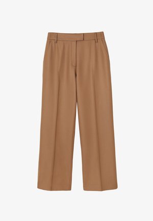 Tan tailored trousers with a wide leg design, made from smooth fabric. Features front pockets and a flat front with a zip fly and button.
