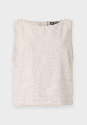 Helles Beige, ärmelloses Top aus Leinen. Verfügt über einen runden Ausschnitt und eine lockere Passform. Einfaches Design ohne sichtbare Muster oder Hardware.