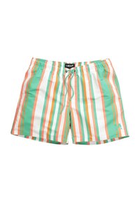 Gröna och vita randiga badshorts med dragsko i midjan, tillverkade av lätt material med orange och korallfärgade detaljer.