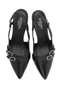 Czarne szpilki typu slingback z ostro zakończonym noskiem, wykonane ze skóry. Posiadają podwójne zapięcia oraz gładką teksturę. Tył jest otwarty dla lepszej wentylacji.