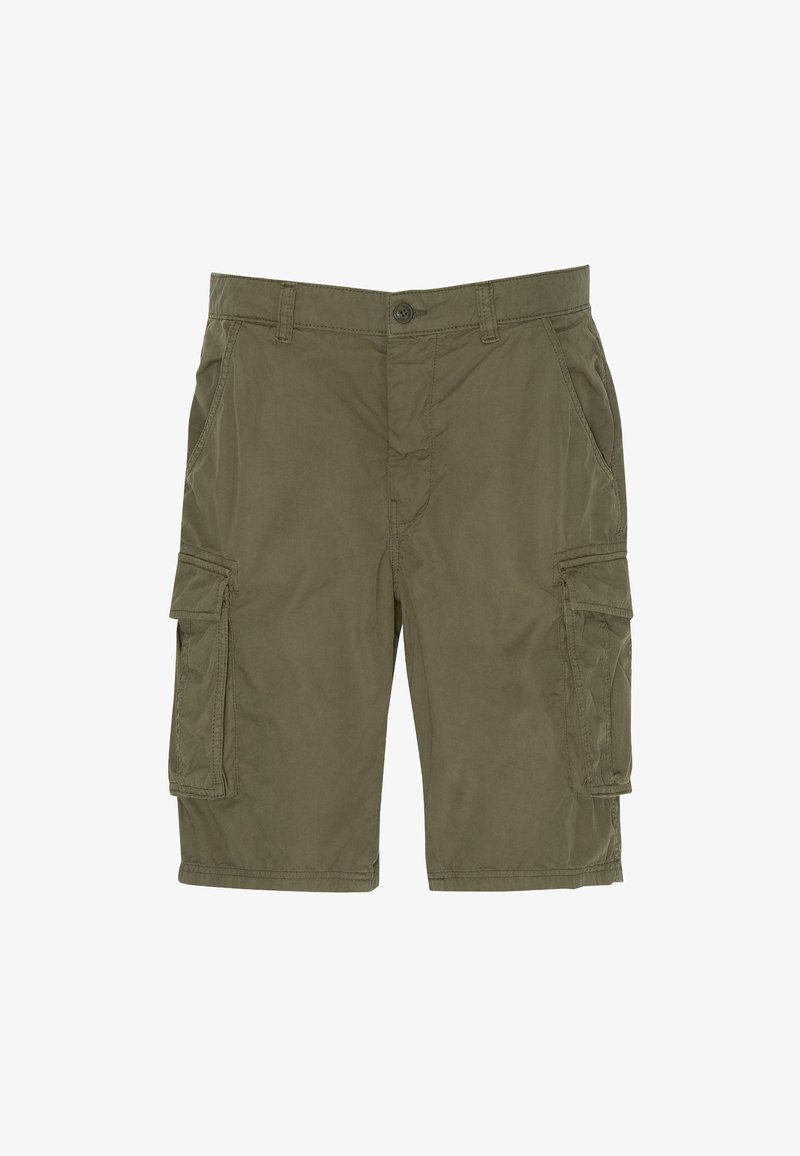 Shorts cargo vert olive en tissu léger, avec deux poches latérales et deux grandes poches cargo de chaque côté.