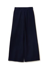 Granatowe spodnie o szerokich nogawkach, o gładkiej teksturze, z wysokim stanem i czystymi liniami. Długość sięga kostek, z bocznymi rozcięciami.