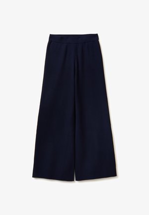 Marineblaue Hosen mit weitem Bein und glatter Textur, ausgestattet mit einem hohen Bund und klaren Linien. Die Länge reicht bis zu den Knöcheln mit seitlichen Öffnungen.