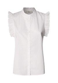 White short-sleeve blouse with a ruffled shoulder design, crew neckline, and front button closure. Made from lightweight cotton material.