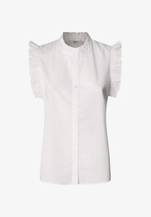 Weißes Kurzarmbluse mit Rüschendesign an den Schultern, Rundhalsausschnitt und Vorderknopfverschluss. Hergestellt aus leichtem Baumwollmaterial.