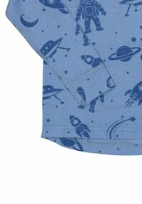 Pitkähihaisessa vaatteessa on vaaleansininen sävy, jossa on tummansininen avaruusteemainen kuvio, johon kuuluu raketteja, astronauteja, planeettoja ja tähtiä. Pehmeä puuvillamateriaali.