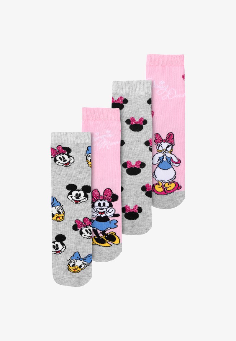 Set di quattro calzini con una combinazione di colori rosa e grigio. I design includono personaggi dei cartoni animati con fiocchi e pois.
