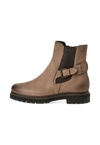 Braune Leder-Stiefelette mit einem strukturierten, dunklen Stoffeinsatz, verstellbarem Schnallen-Detail, runder Zehenform und robuster Gummisohle.