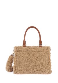 Beige fur-textured handbag with a rectangular shape. Features brown leather handles and an adjustable strap. Gold hardware accents visible.
