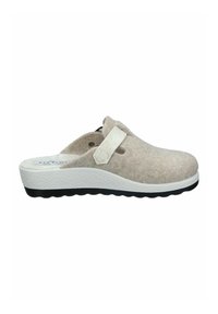 Beige felt clogs with a white textured midsole and black rubber outsole. Features a strap across the instep for a secure fit.
