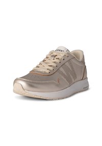 Metallic gold sneaker with perforated design, beige accents, cream laces, and a white rubber sole. Features soft lining and irregular patterns.