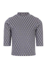 Korte mouw top van stof met een geometrisch patroon in marineblauw en beige, met een hoge halslijn en een getailleerde silhouet.